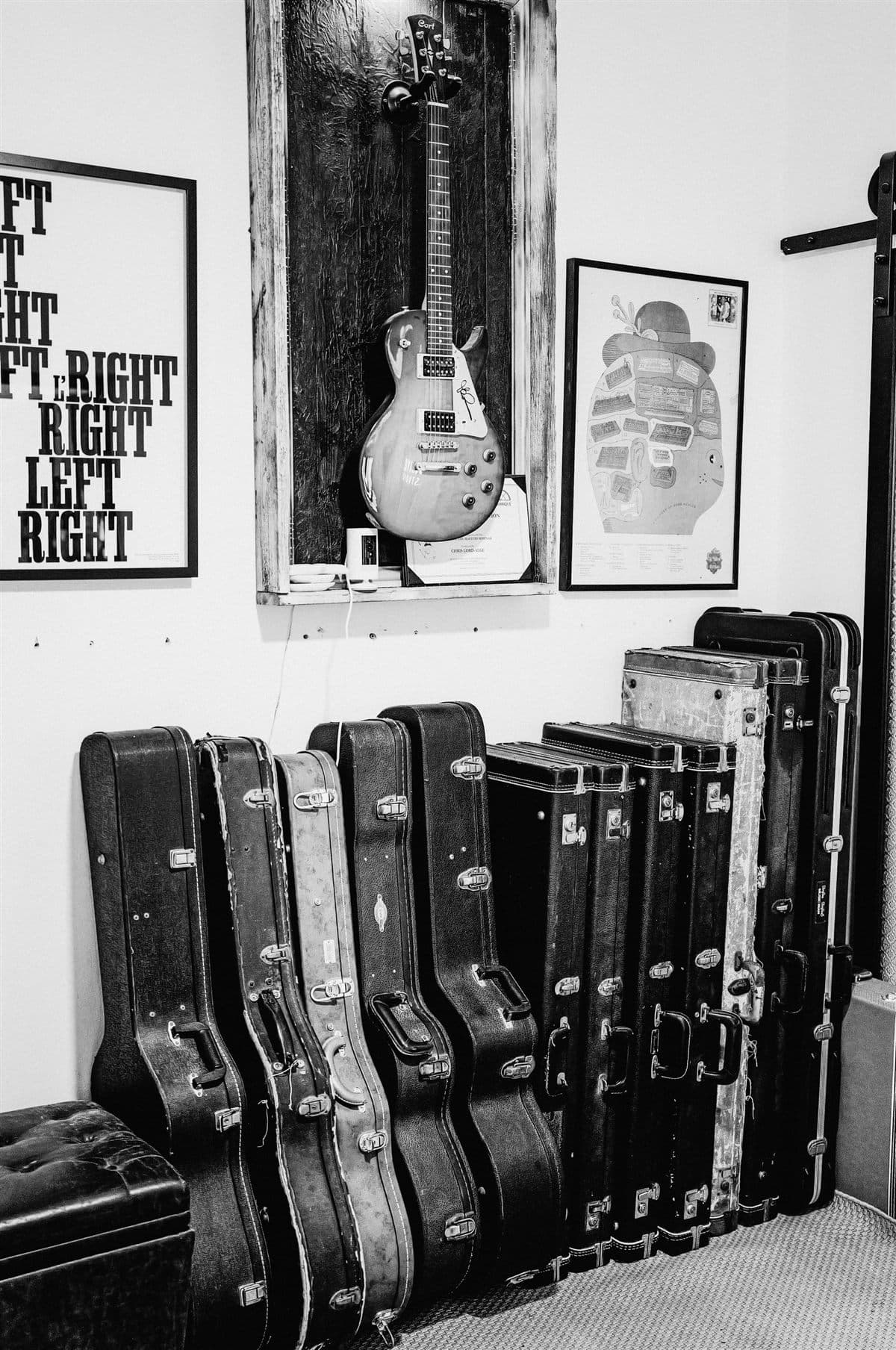 A wall of instrument flight cases — the museum, packed