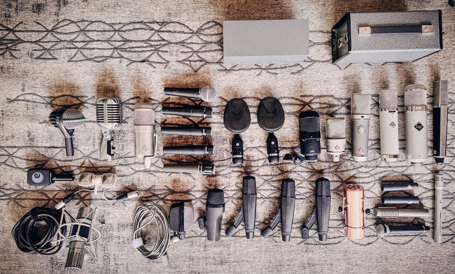 The microphone locker laid out — Telefunken, Neumann, Coles, Sennheiser, Shure and more