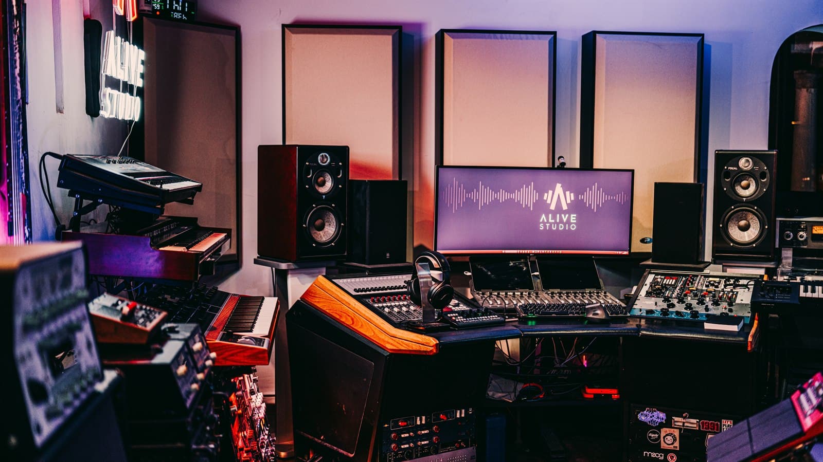 The control room console, monitors and racks