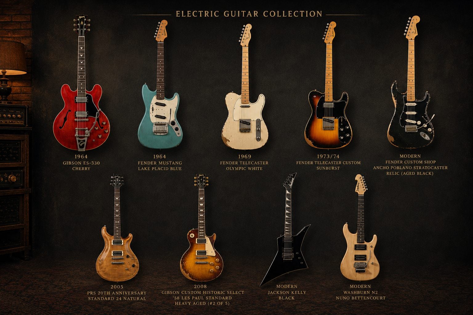 The Alive Studio electric guitar collection on a dark wall — Gibson ES-330, Fender Mustang, Telecasters, Les Paul and more